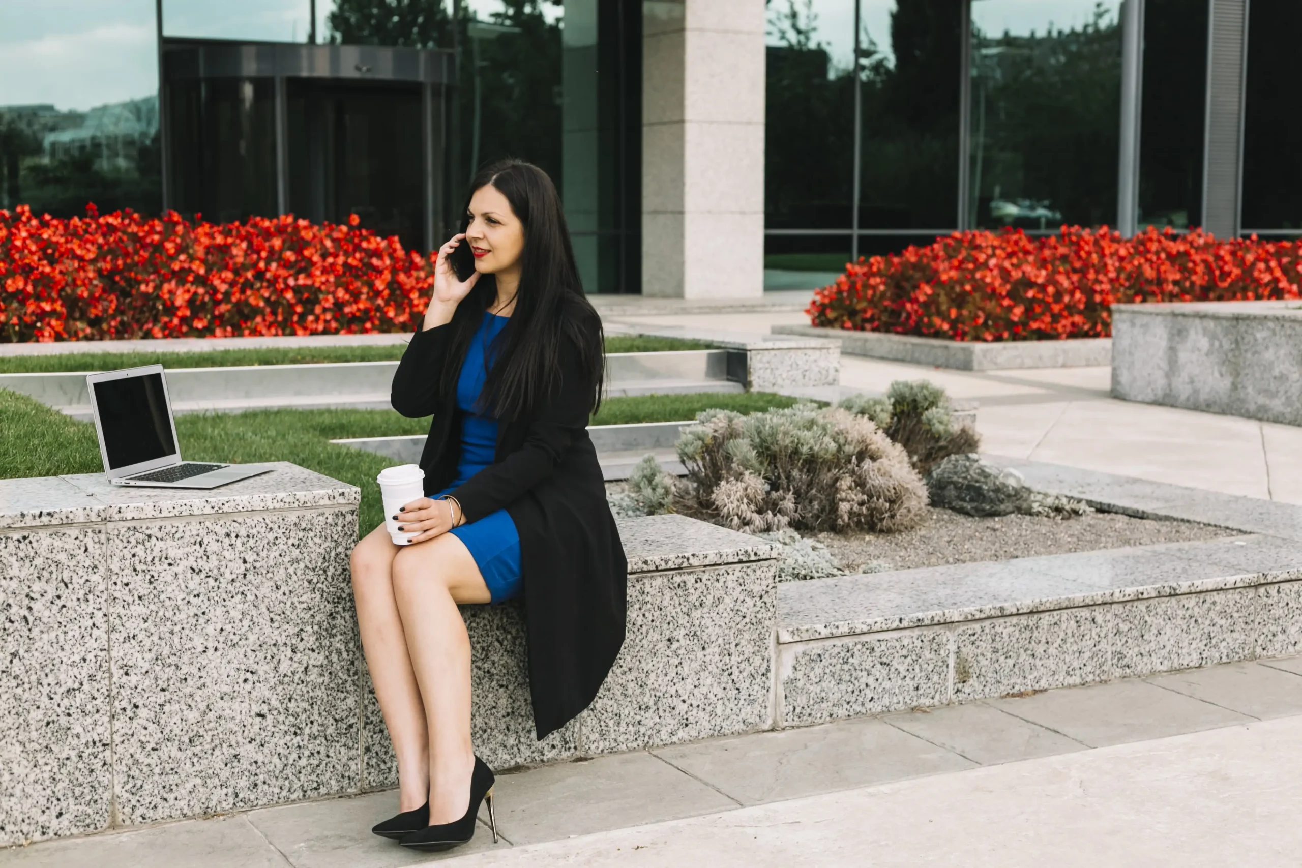 navy dress with black shoes