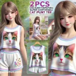 2pcs Girls Super Comfortable Cat Print Sleeveless Tee