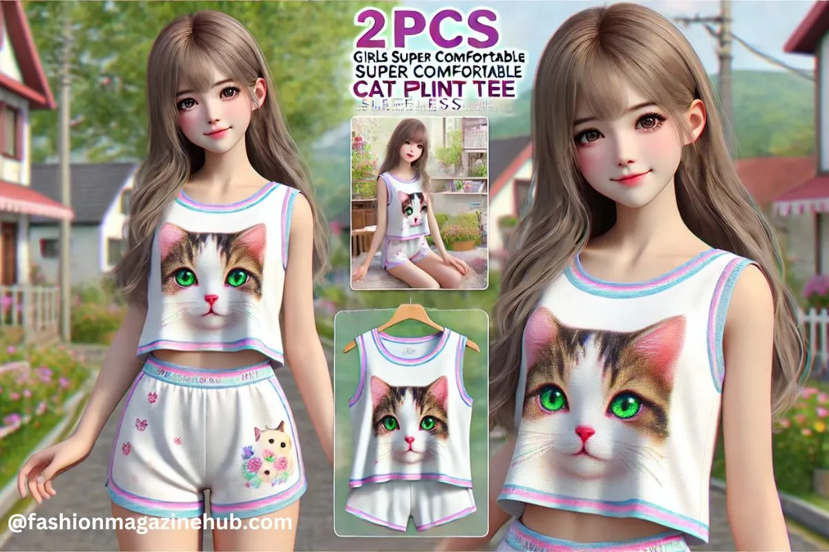 2pcs Girls Super Comfortable Cat Print Sleeveless Tee